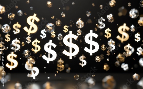 An artistic arrangement of floating dollar signs amidst sparkling elements, creating a dynamic financial theme