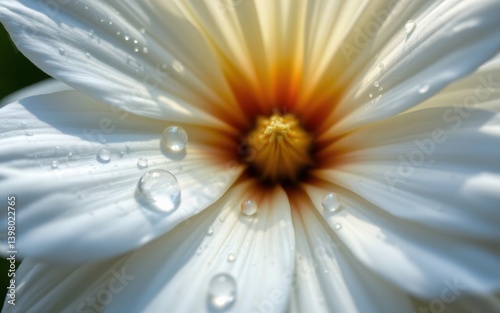 A close-up view of a delicate flower featuring soft white petals and dewdrops on its surface