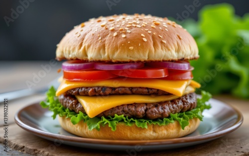 A delicious, freshly made burger with layers of cheese, lettuce, tomato, and onion inside a sesame seed bun