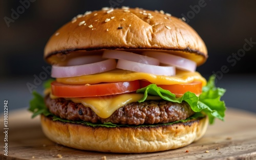 A deliciously stacked hamburger featuring fresh vegetables, melted cheese, and a perfectly grilled patty