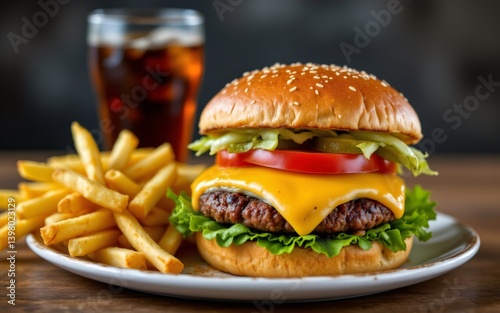 A delicious cheeseburger with lettuce, tomato, and pickles served with crispy fries and a cold beverage