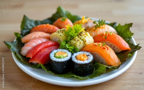 A vibrant assortment of sushi and sashimi arranged on a bed of leafy greens