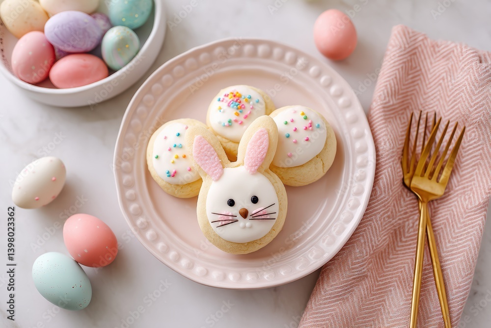 A festive plate of cookies decorated with white frosting and cute bunny faces for Easter celebrations.