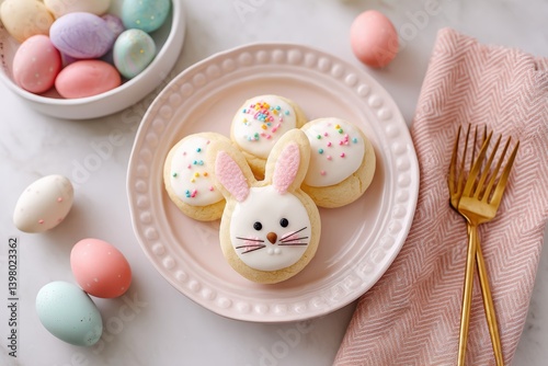 Obraz na płótnie A festive plate of cookies decorated with white frosting and cute bunny faces for Easter celebrations. w salonie