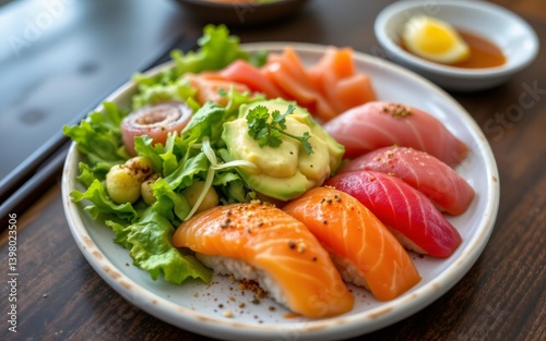 A vibrant sushi platter showcasing an assortment of nigiri and sashimi served with fresh greens and garnishes