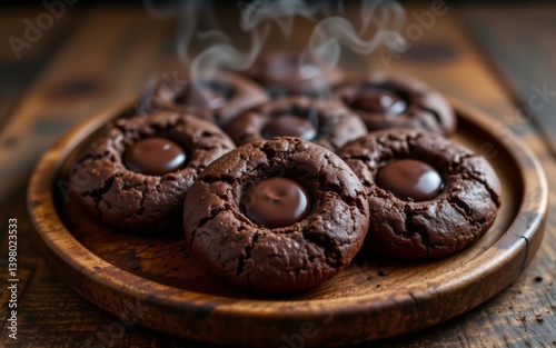 A close-up view of freshly baked chocolate cookies with melted chocolate centers, resting on a wooden plate