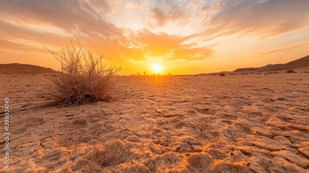 Fototapeta premium This enchanting desert scene at sunset captures sparse vegetation against a colorful sky, emphasizing the beauty and resilience of nature in harsh environments.