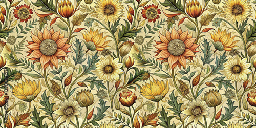 A vibrant floral pattern featuring sunflowers and botanical elements.