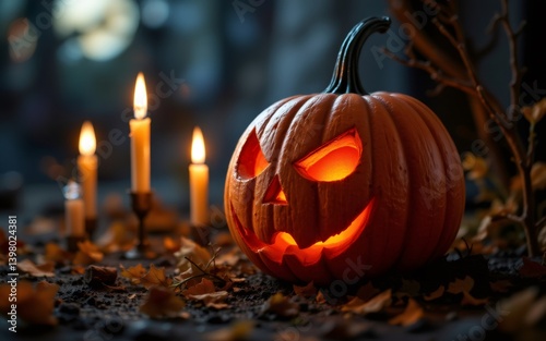 A carved pumpkin glows ominously among fallen leaves and flickering candles, creating a festive autumn atmosphere