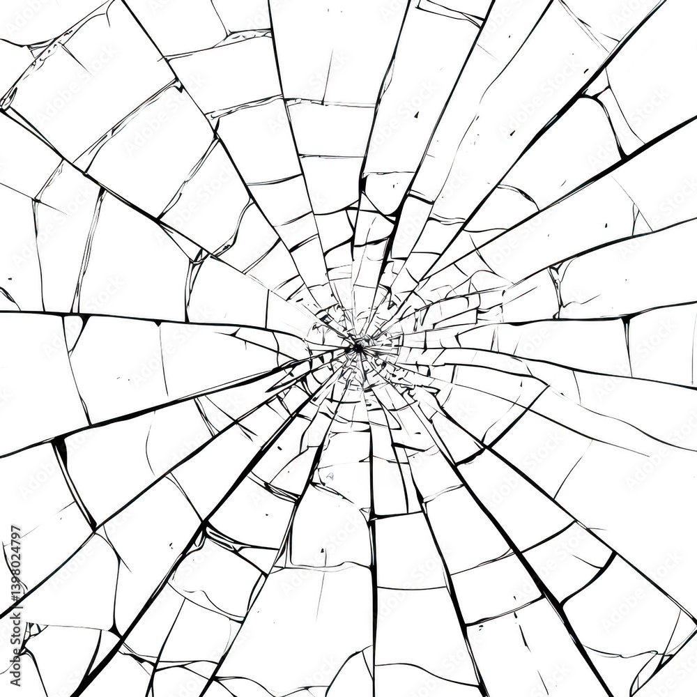 Obraz premium shattered glass pattern creates intricate web of cracks against transparency background, evoking sense of chaos and fragility. radial design draws eye to center