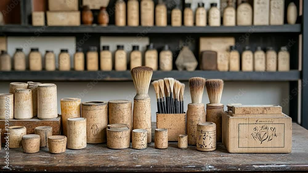 Vintage paint brushes and containers on a workbench