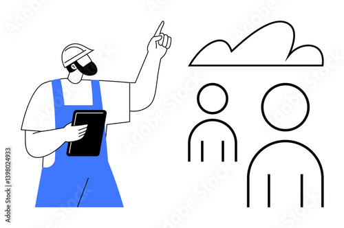 Worker in safety gear pointing upward holding tablet, abstract figures under cloud. Ideal for teamwork, collaboration, technology, construction, communication, leadership project management. Flat