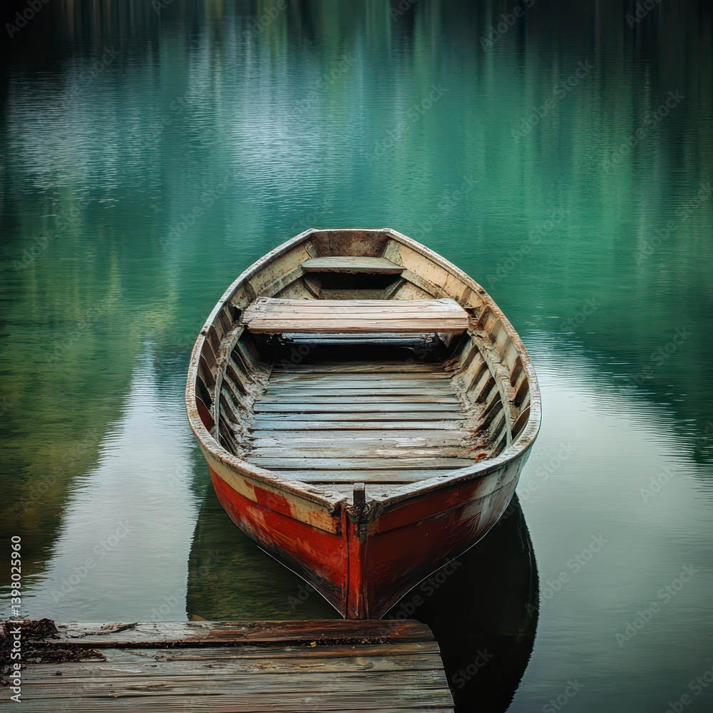 Obraz premium Red Wooden Rowboat on a Calm Teal Lake