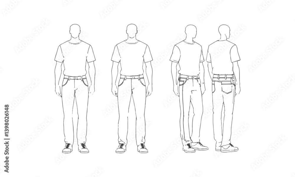Flat fashion illustrations showing Mockup of men’s crewneck T-shirt and straight-leg pants, easily editable.