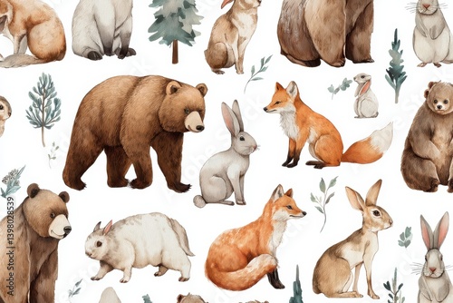 Fototapeta Naklejka Na Ścianę i Meble -  Adorable watercolor woodland animals