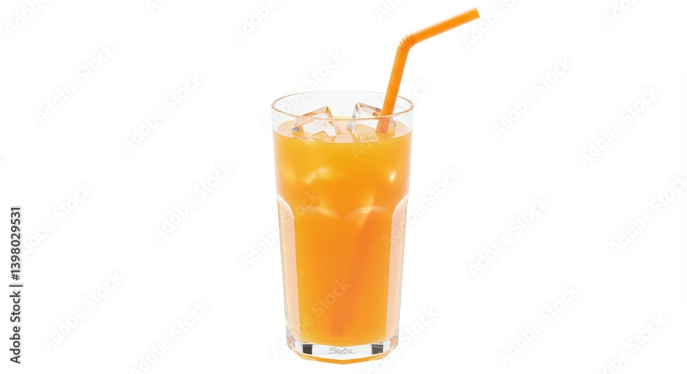 Refreshing Orange Juice Glass with Ice and Straw on White Background Refreshing Orange Juice Glass with Ice and Straw on White Background
