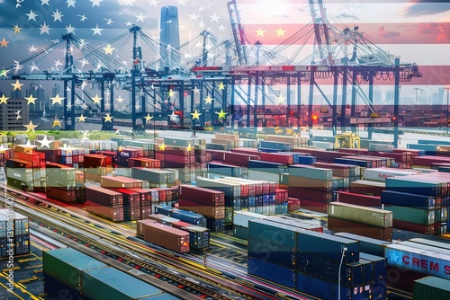 Double exposure image of United States of America and China trade war tariffs as two opposing container cargo in port