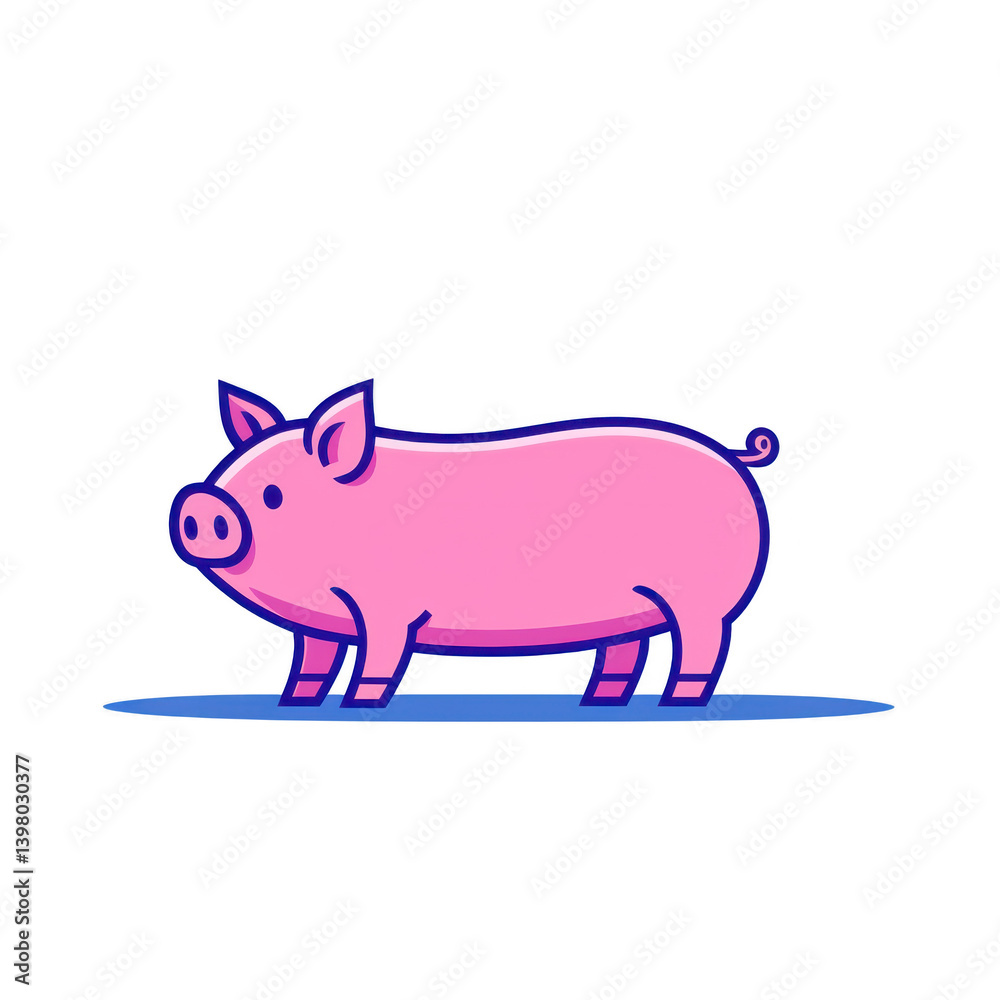 cute cartoon pig stands on blue shadow, featuring simple and playful design with pink body and curly tail. illustration conveys cheerful and whimsical vibe cute cartoon pig stands on blue shadow, featuring simple and playful design with pink body and curly tail. illustration conveys cheerful and whimsical vibe