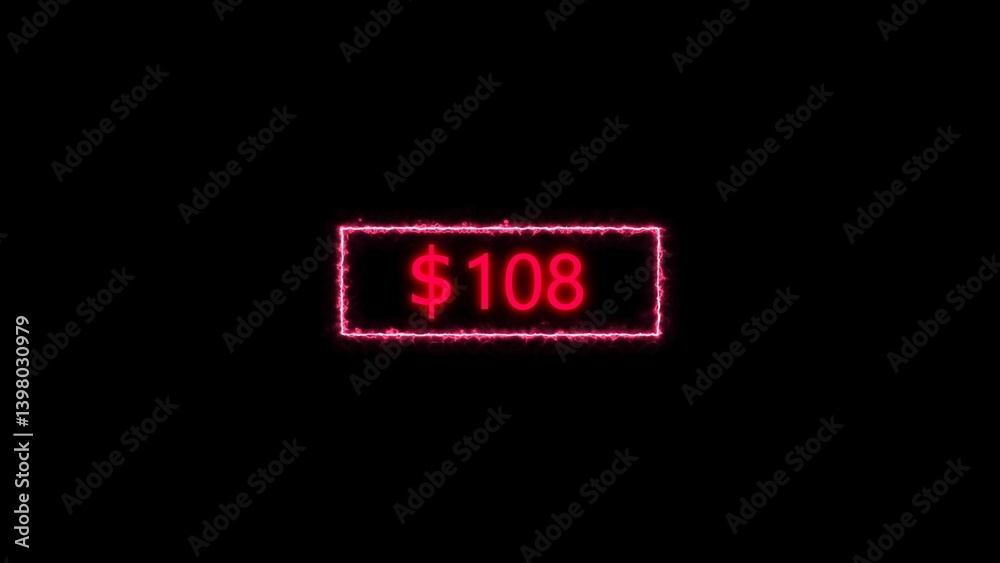 Dollar icon neon bright from $108 magenta red color illustration. Black background circle magenta red color frem 4k illustration.