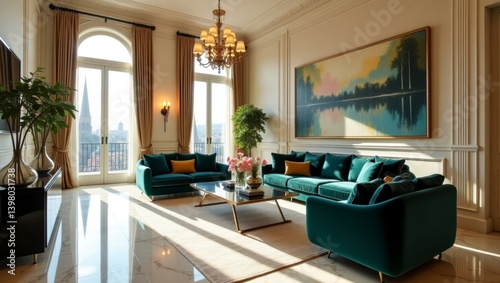 Luxurious modern living room in a european villa featuring a large abstract painting and stylish decor elements for a cozy and elegant atmosphere
