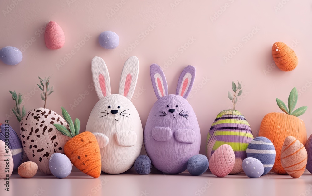 A row of cheerful Easter bunnies beside colorful eggs, celebrating the festive spirit of Easter.