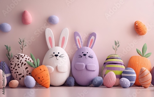 Obraz na płótnie A row of cheerful Easter bunnies beside colorful eggs, celebrating the festive spirit of Easter. w salonie