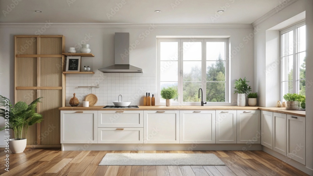 Fototapeta premium Bright and airy kitchen with minimalist design featuring white cabinets, wood flooring, and natural light