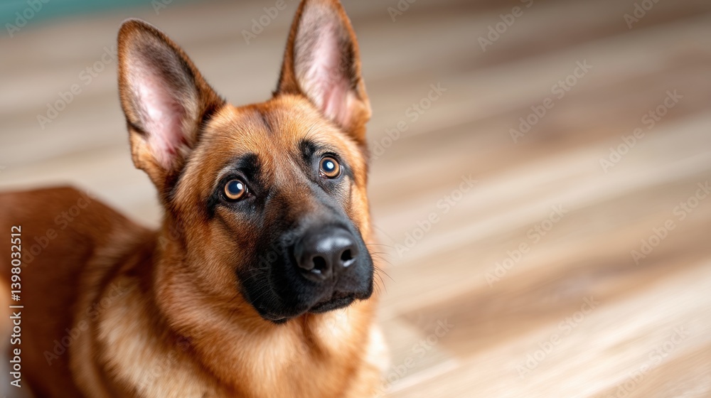 A close-up of a German Shepherd dog with attentive eyes, showcasing its distinct features and expression, set against a wooden floor background. A close-up of a German Shepherd dog with attentive eyes, showcasing its distinct features and expression, set against a wooden floor background.