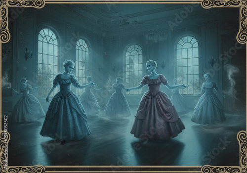 Two Women in Pastel Gowns Dance in a Grand Haunted Ballroom