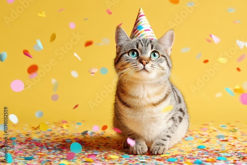 Adorable cat in party hat, confetti!