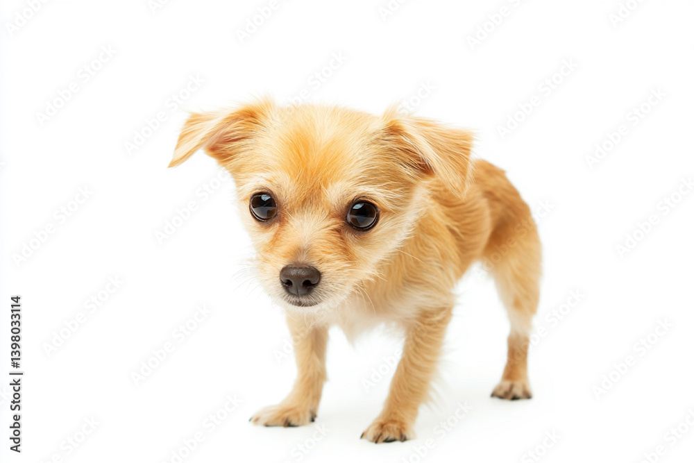 A small yellow dog, looking forward with its head extended A small yellow dog, looking forward with its head extended
