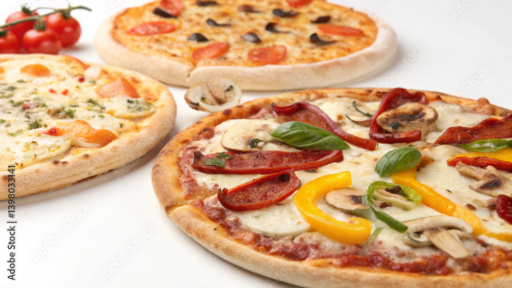 Mouthwatering pizzas topped with fresh vegetables and cheese, presented on a bright, clean surface. Mouthwatering pizzas topped with fresh vegetables and cheese, presented on a bright, clean surface.
