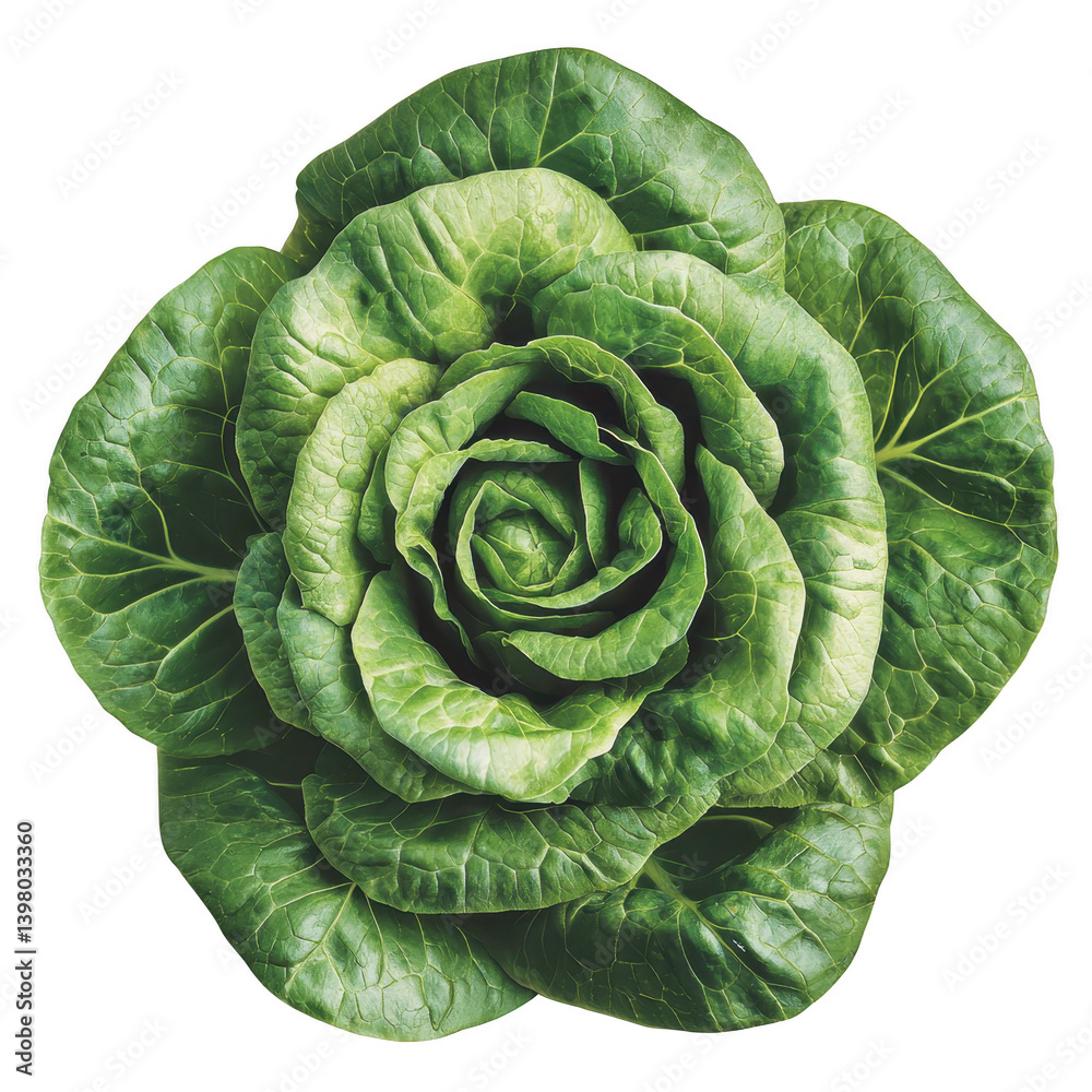 Obraz premium fresh, vibrant green lettuce head with crisp, layered leaves arranged in rosette pattern, perfect for salads and healthy meals