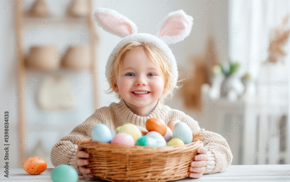 A girl in bunny ears joyfully holds a basket filled with colorful Easter eggs. A girl in bunny ears joyfully holds a basket filled with colorful Easter eggs.