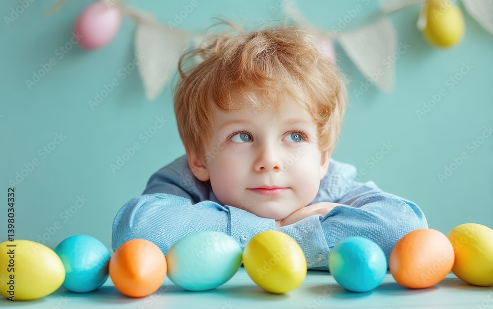 A young boy sits in front of colorful Easter eggs, ready for the holiday festivities. A young boy sits in front of colorful Easter eggs, ready for the holiday festivities.