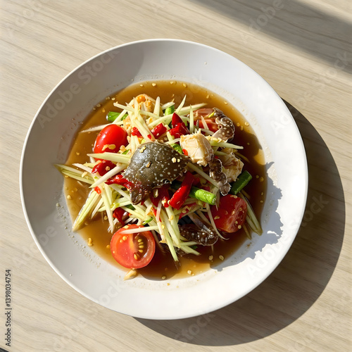Spicy Somtam pu plara or papaya salad with fermented fish and crab.