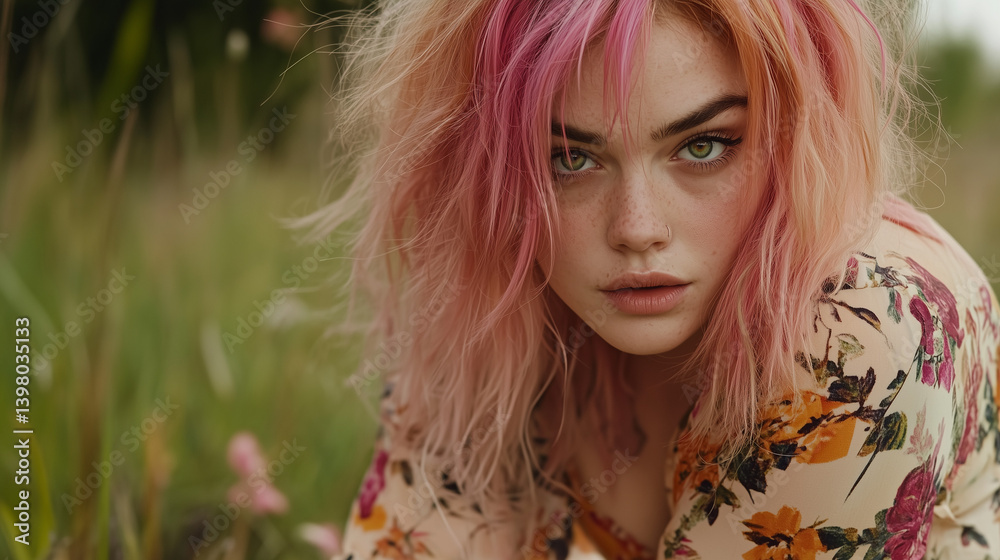 Naklejka premium Portrait of Beautiful Woman with Rose-Gold Hair in Fantasy City