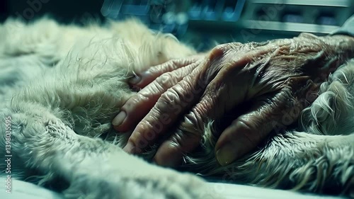 Fragile, wrinkled hand gently caressing aging canine companion, symbolizing deep emotional bond, tender care, and unconditional love during challenging health moments