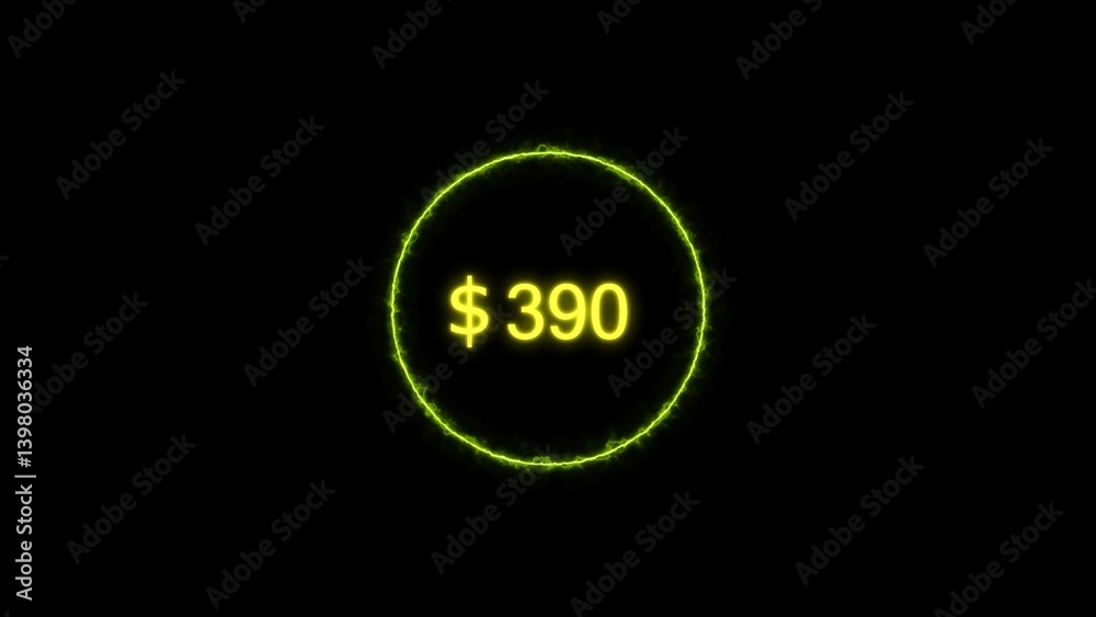 Dollar icon neon bright from $390 lime green color illustration. Black background circle lime green color frem 4k illustration. Dollar icon neon bright from $390 lime green color illustration. Black background circle lime green color frem 4k illustration.