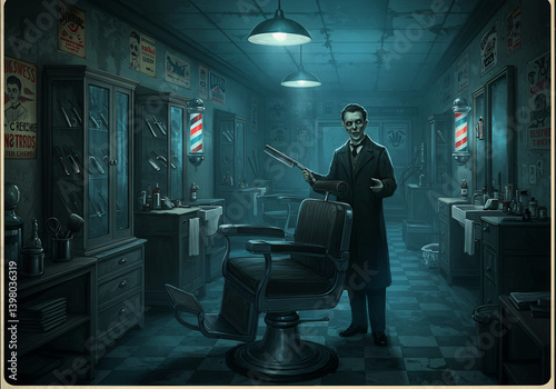 A Man in a Dark Vintage Barbershop Holding a Weapon