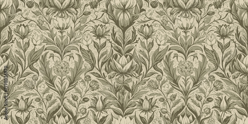 Intricate floral pattern featuring lush leaves and blossoms in earthy tones.