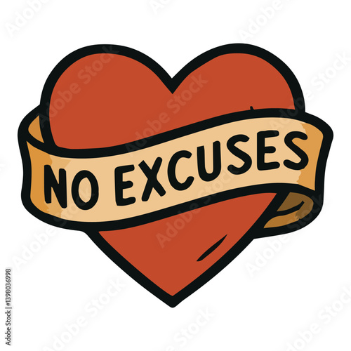 Heart icon with “No Excuses” banner represents motivation, mental strength, and training discipline — perfect for visuals on fitness mindset, dedication, and goal-oriented lifestyle habits