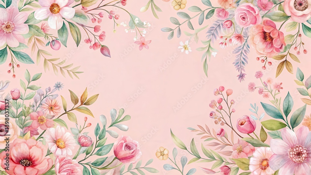 Fototapeta Delicate watercolor floral pattern on a soft pink background, floral pattern