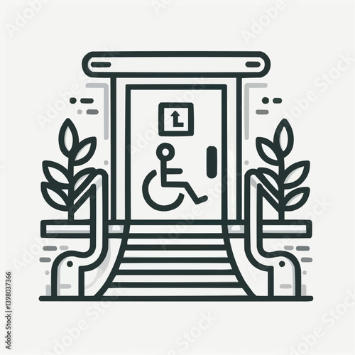 Accessible entrance with ramps and wheelchair user in line art design