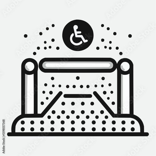 Accessible entrance with wheelchair symbol and gentle ramp design in line art