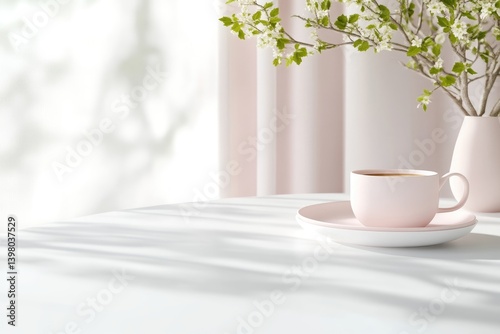 A delicate cup of coffee on a light table, with soft pink accents and blooming branches