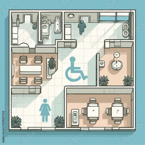 Accessible floor plan layout featuring wheelchair symbols and inclusive spaces in modern design
