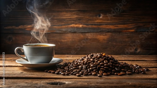 Aromatic Steam Rising from a Cup of Coffee Beside a Heap of Roasted Coffee Beans on Rustic Wooden Surface