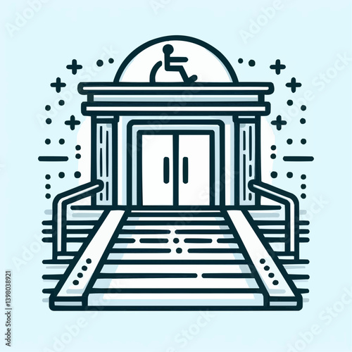 Accessible entrance with ramps and wheelchair symbol in creative line art style