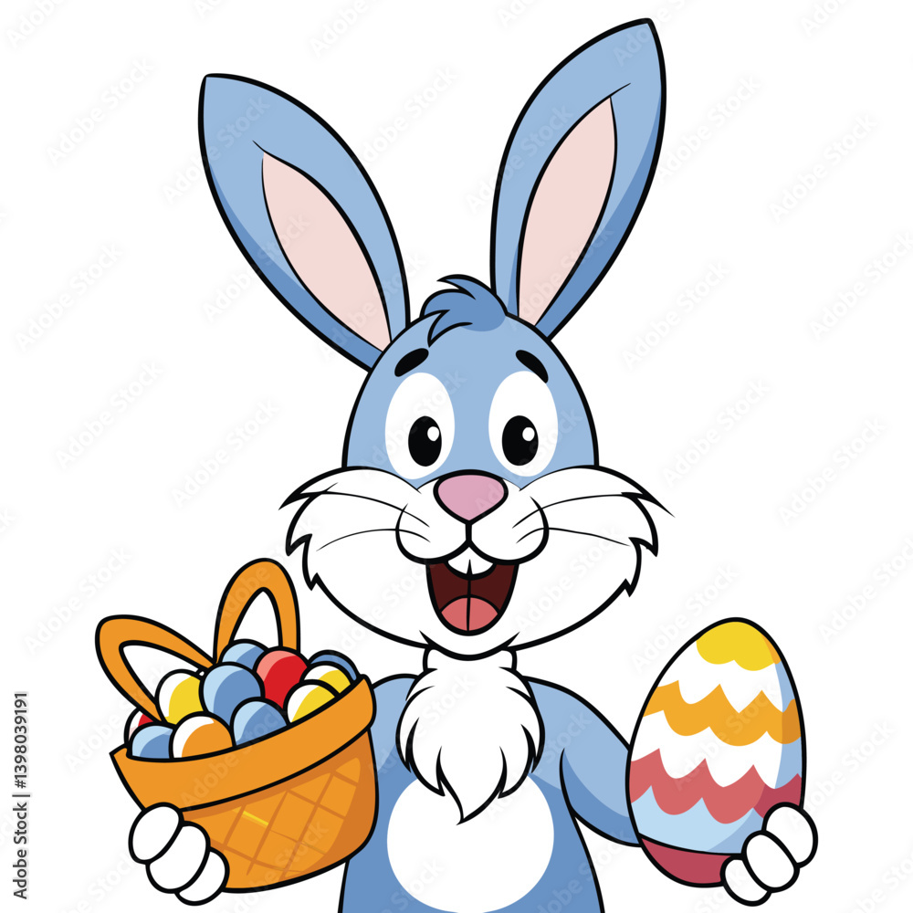 Cute cartoon Rabbit who holds an egg and a basket of eggs for Easter Cute cartoon Rabbit who holds an egg and a basket of eggs for Easter